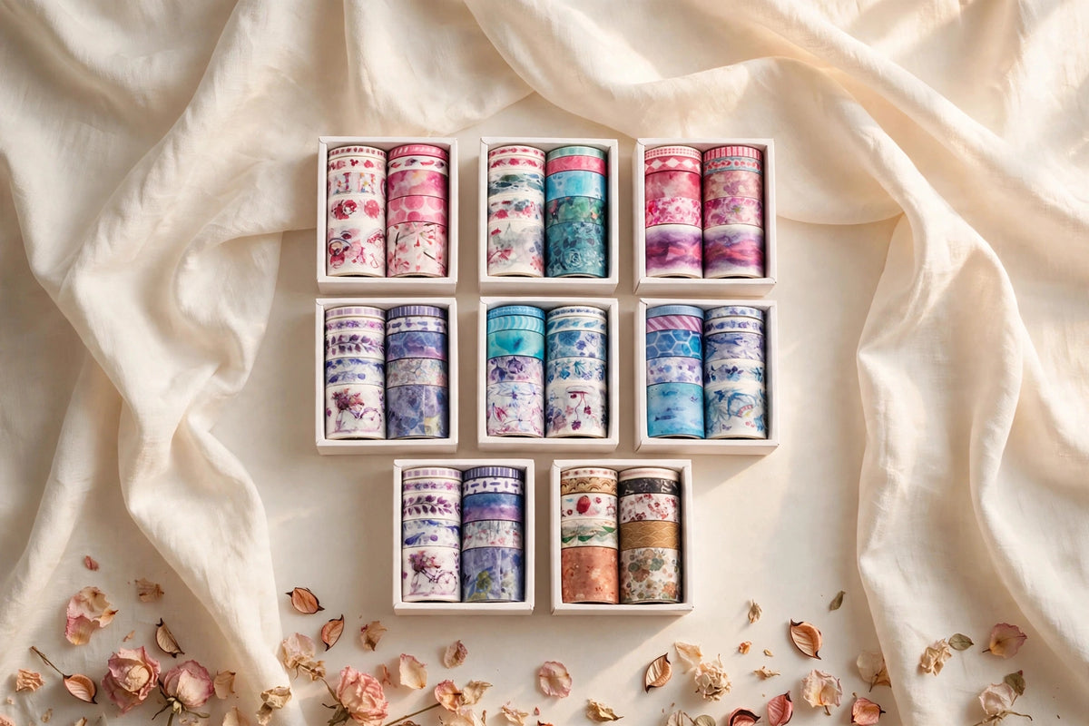 Slim Washi Tape Set — boxed rolls of floral Japanese paper washi tape in mixed widths on a cream café table, The Journal Café