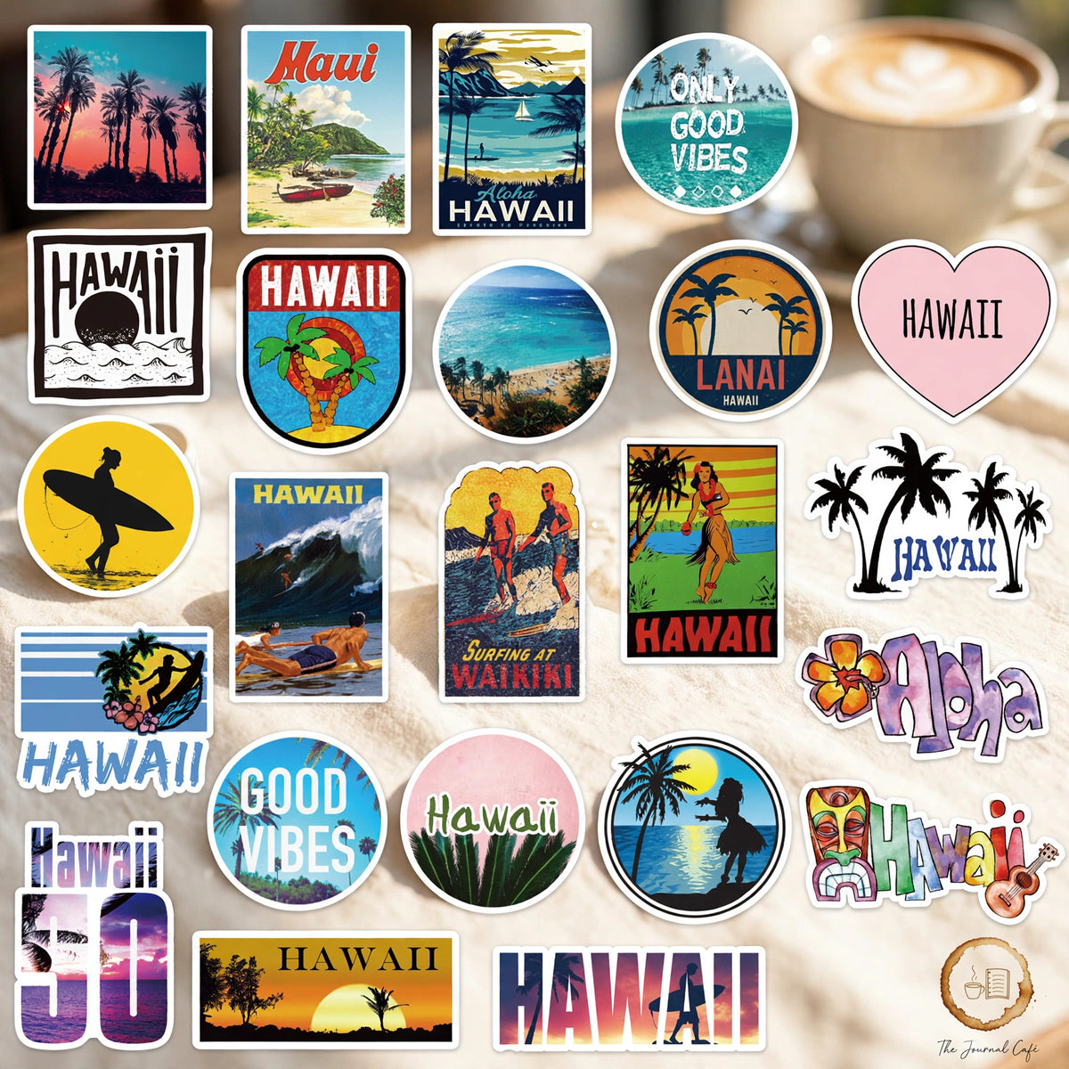 Hawaii travel stickers — vintage tropical beach and surf designs styled on a cream café table, The Journal Café