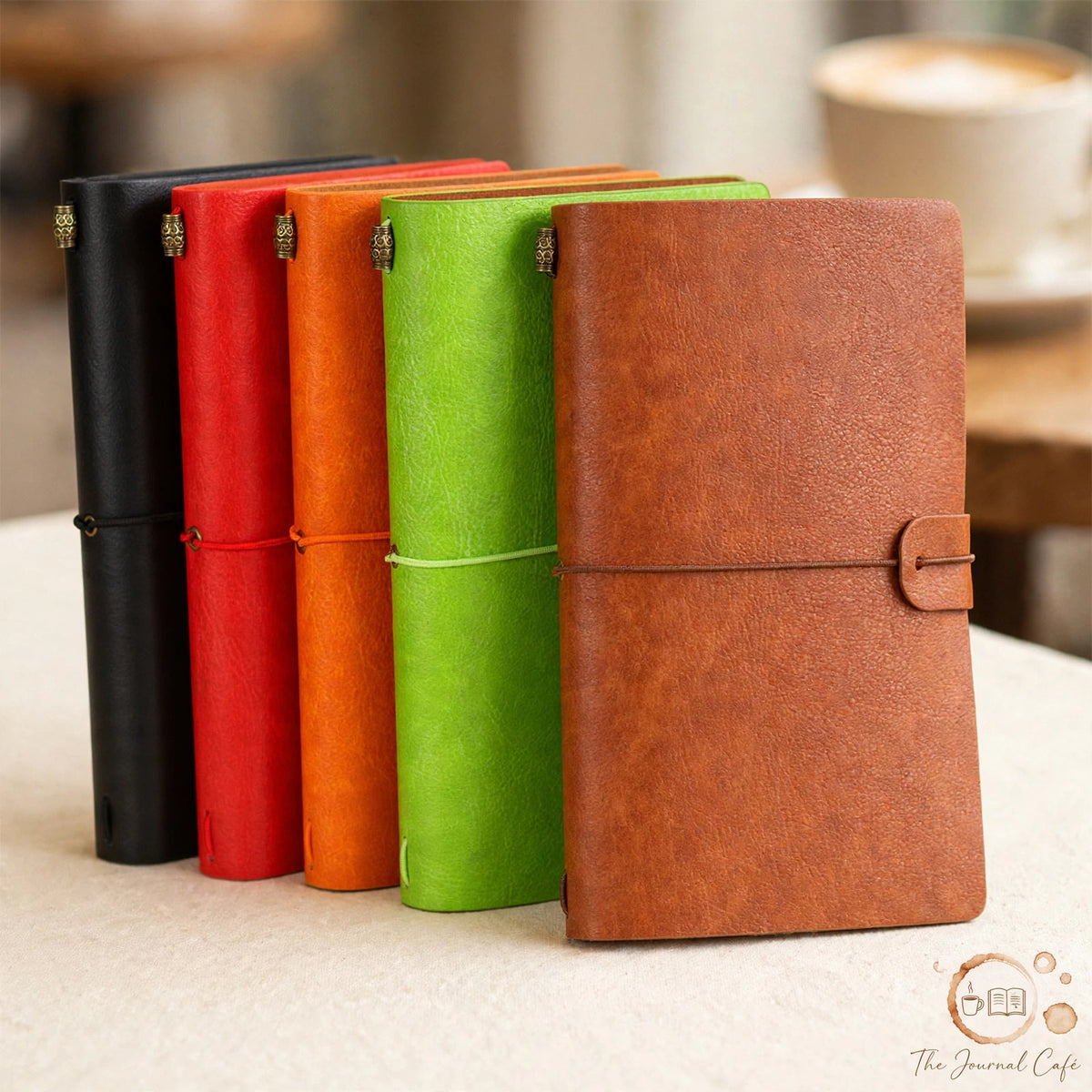 Vintage Leather Journal — row of leather traveler's notebooks in black, red, orange, green and tan styled on a cream café table, The Journal Café