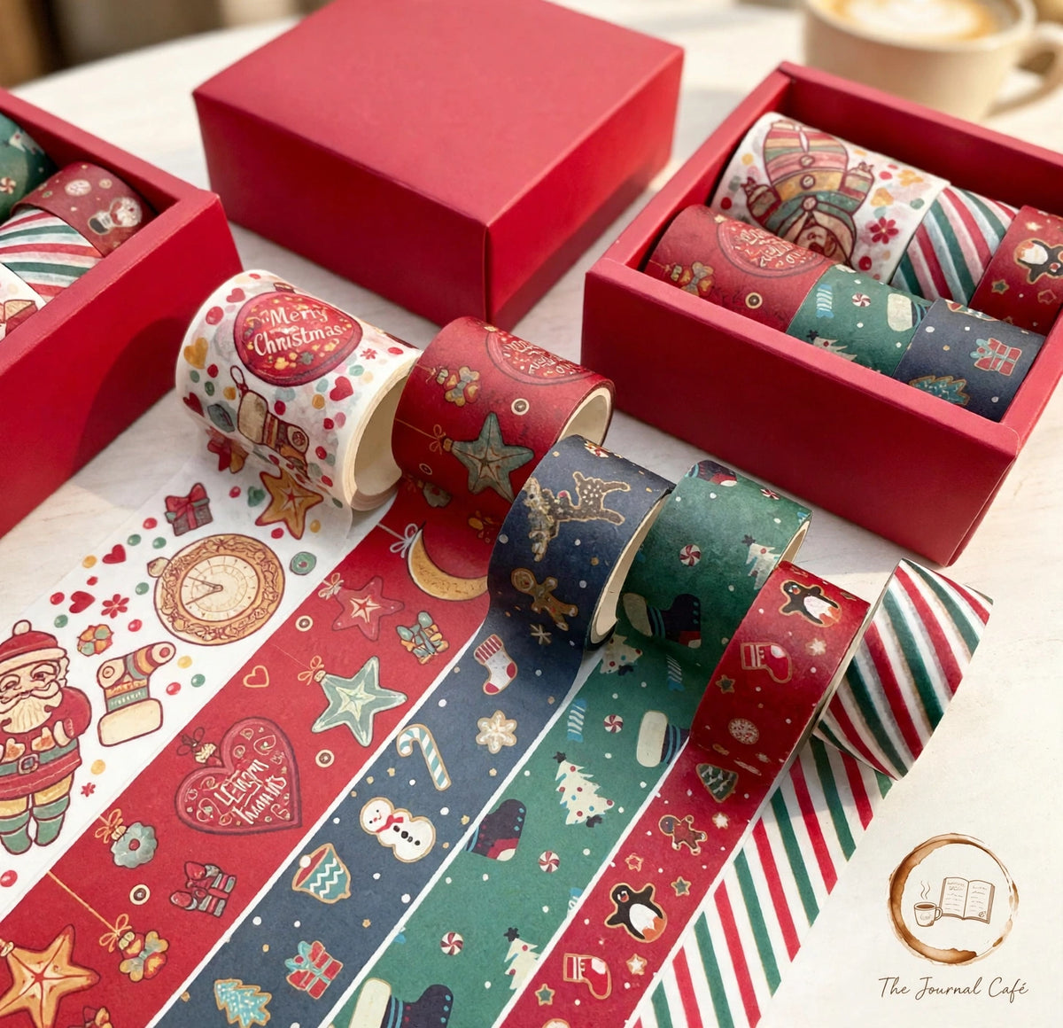 Classic Christmas washi tape — product photo 6 styled on a cream café table, The Journal Café