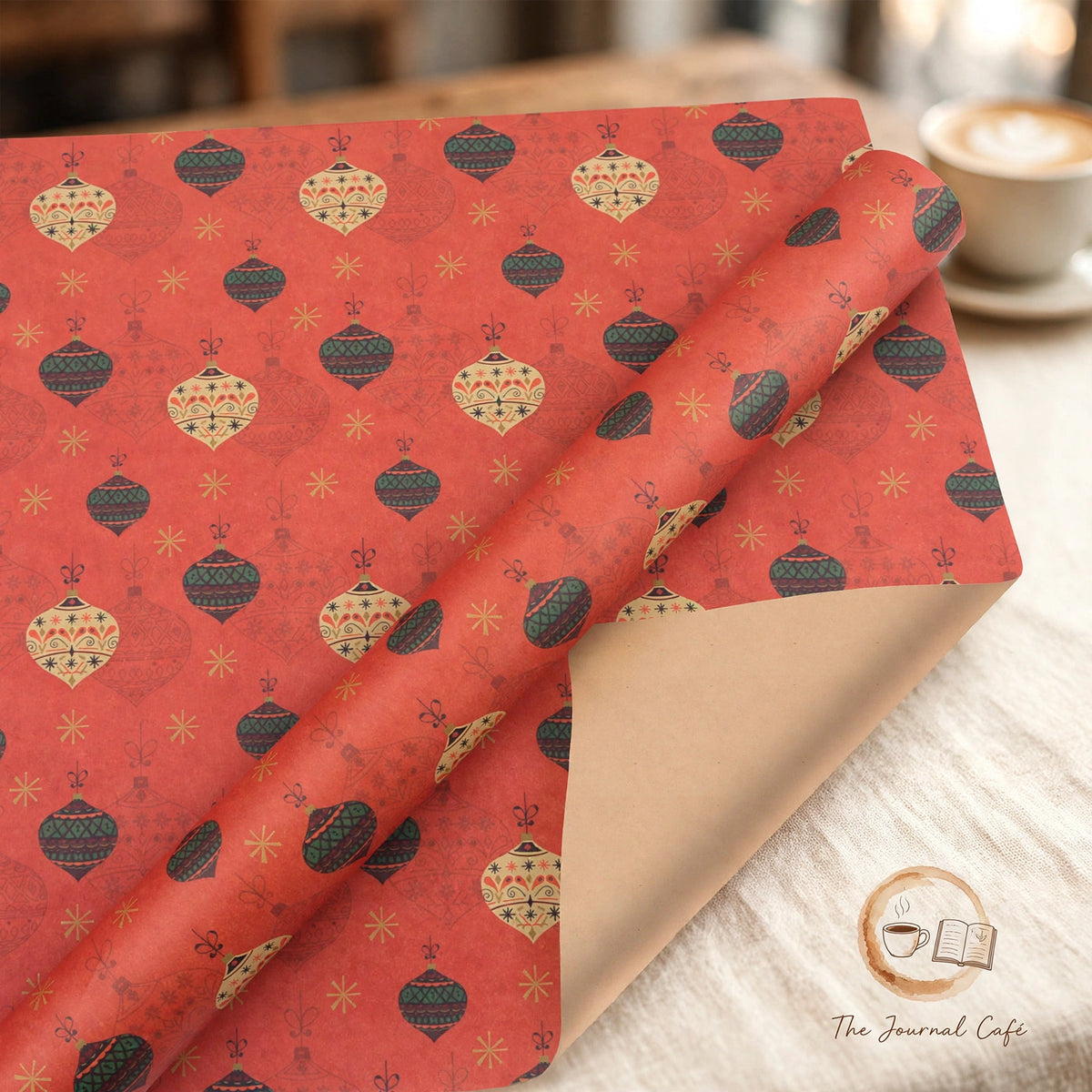 Vintage Christmas kraft wrapping paper — product photo 4 styled on a cream café table, The Journal Café
