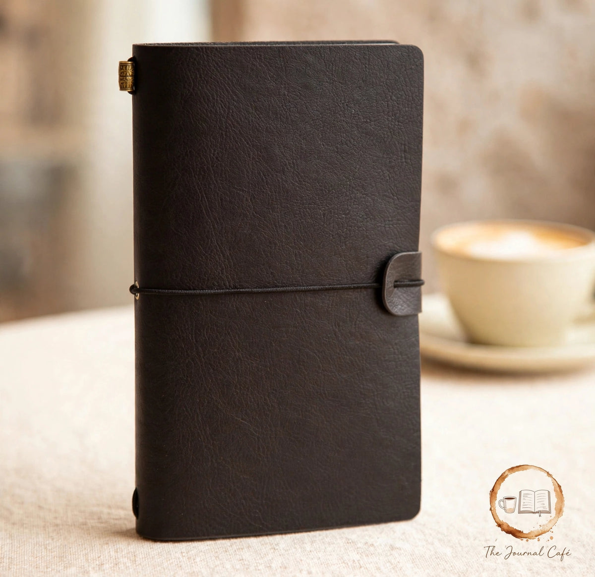 Vintage leather journal — product photo 3 styled on a cream café table, The Journal Café