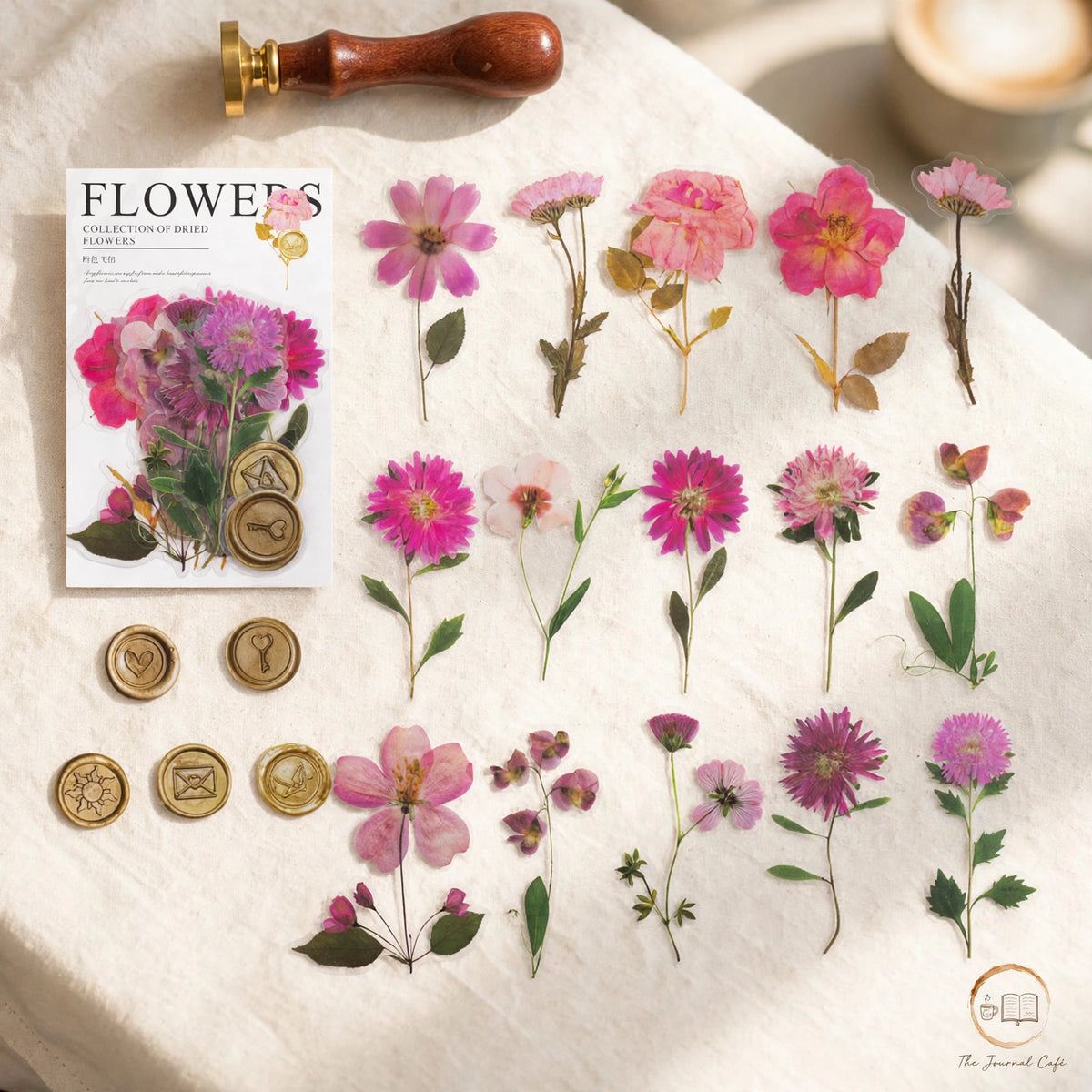 Dried flowers sticker pack — product photo 4 styled on a cream café table, The Journal Café