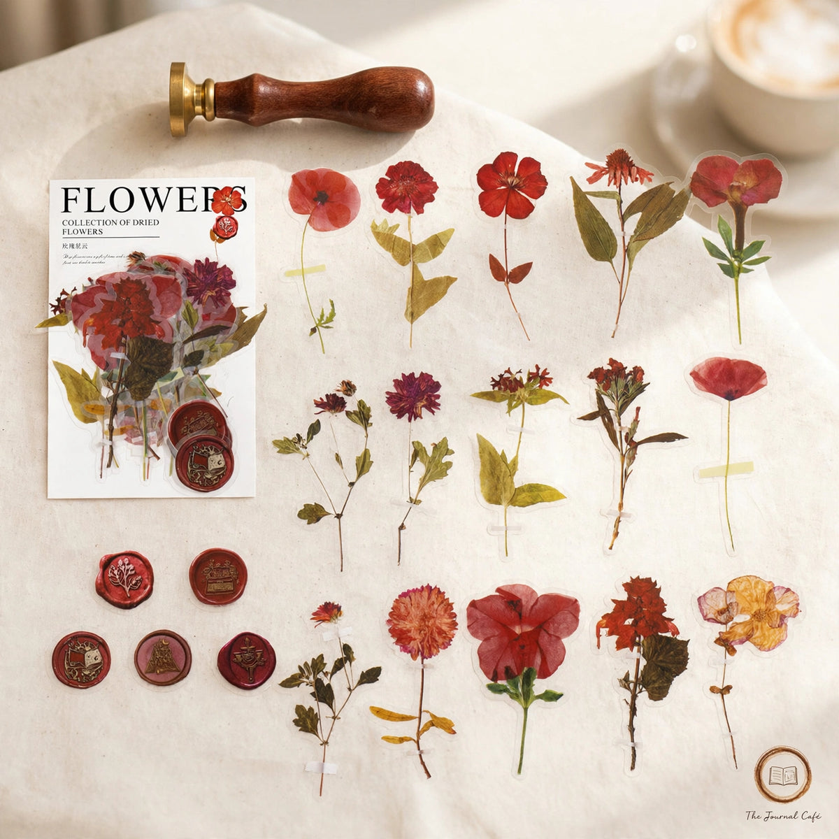 Dried flowers sticker pack — product photo 5 styled on a cream café table, The Journal Café