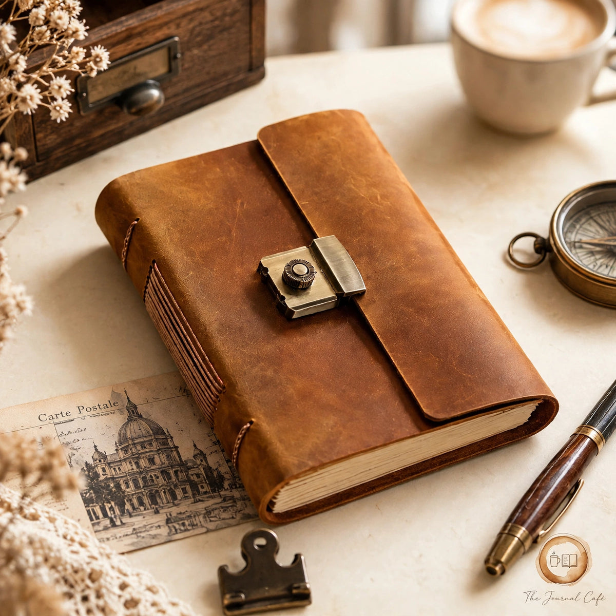 Vintage notebook — product photo 2 styled on a cream café table, The Journal Café