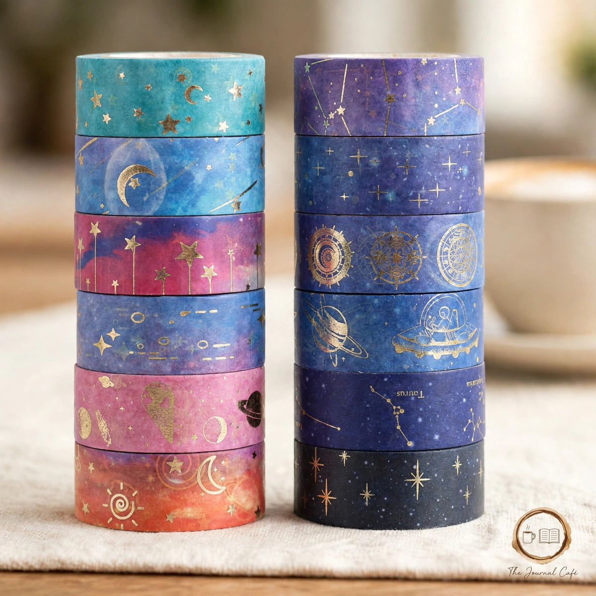 Starry Night gold foil washi tape — product photo 4 styled on a cream café table, The Journal Café