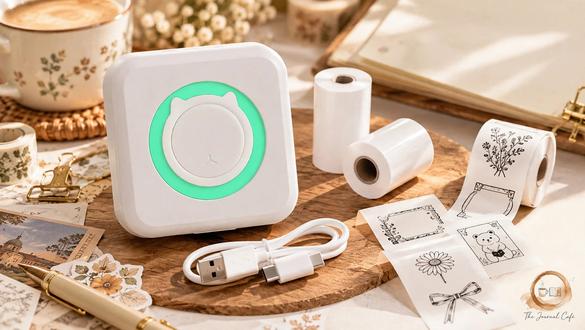 Pocket wireless thermal printer — product photo 2 styled on a cream café table, The Journal Café