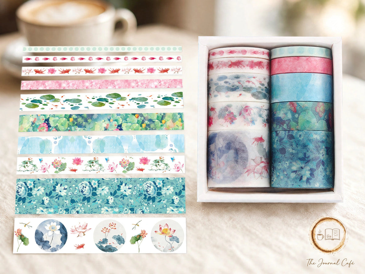 Slim washi tape set — product photo 6 styled on a cream café table, The Journal Café