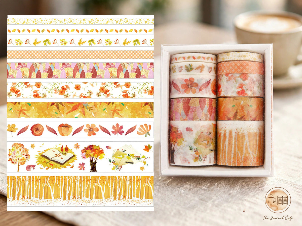 Slim washi tape set — product photo 7 styled on a cream café table, The Journal Café