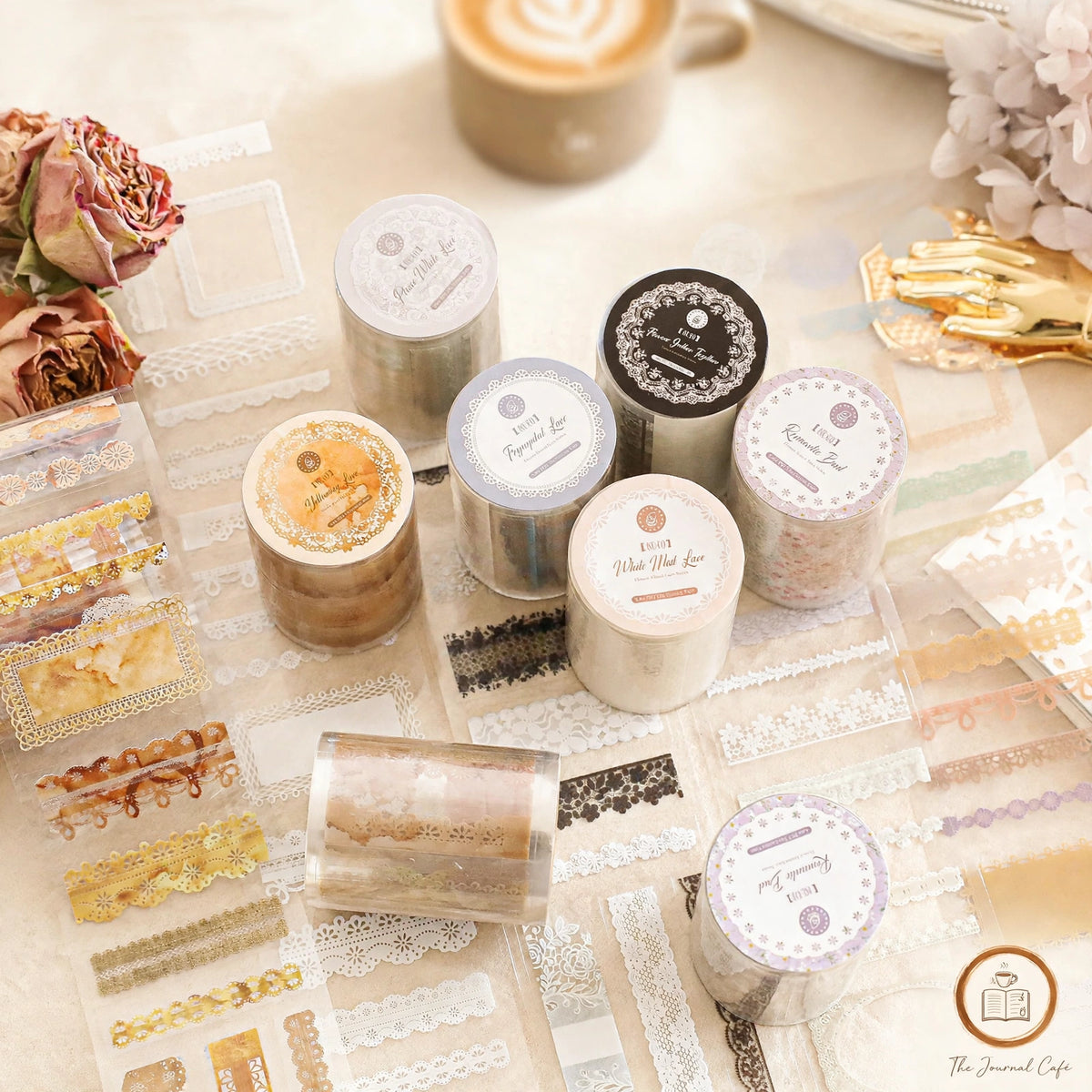 Lace PET journal tape — product photo 2 styled on a cream café table, The Journal Café