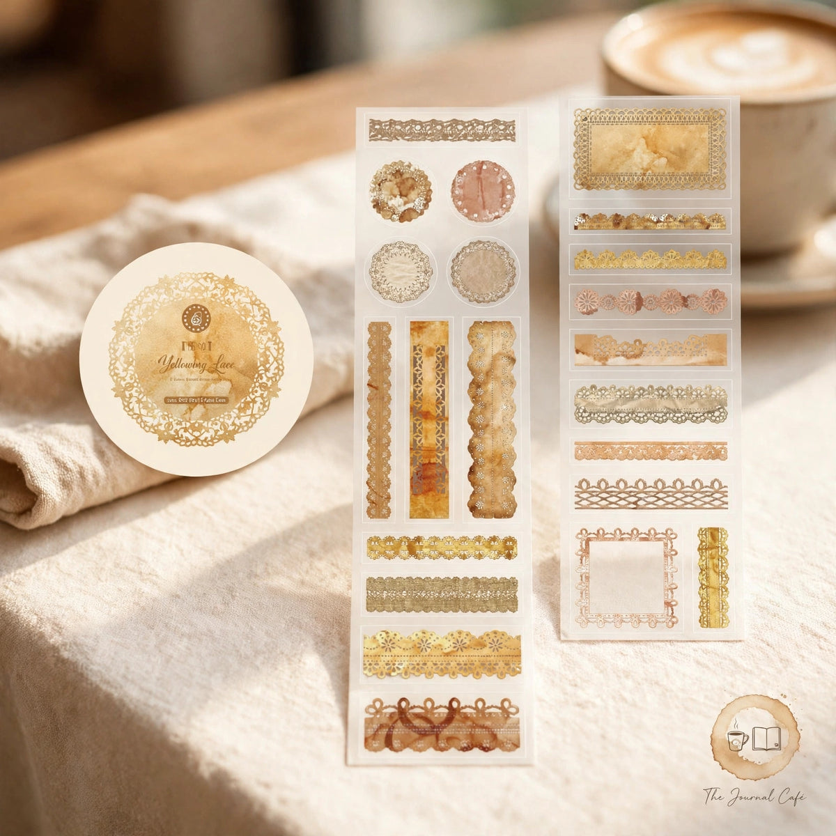 Lace PET journal tape — product photo 7 styled on a cream café table, The Journal Café