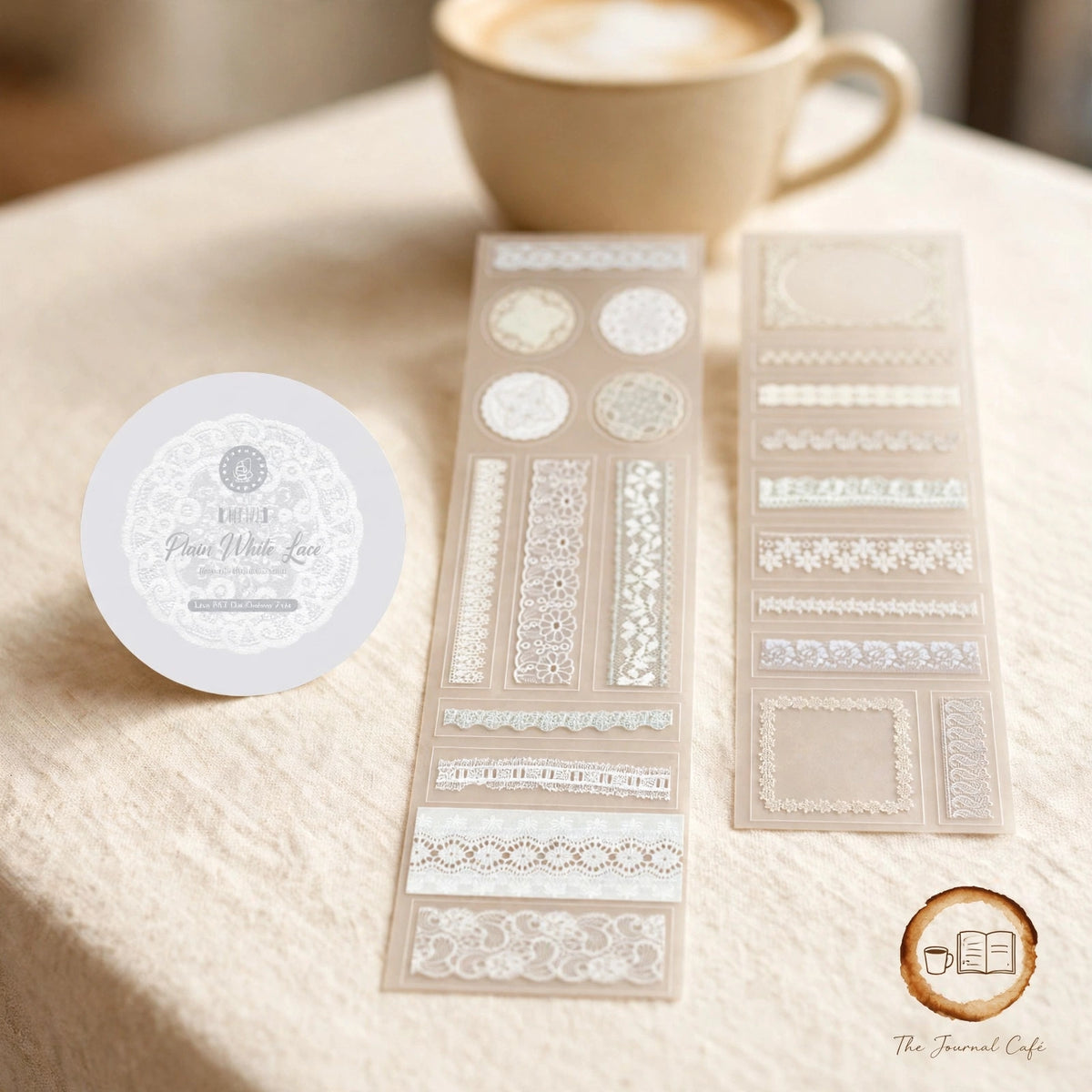 Lace PET journal tape — product photo 9 styled on a cream café table, The Journal Café