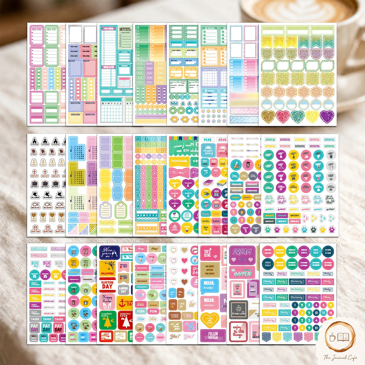 Monthly planner stickers 12 sheets — product photo 6 styled on a cream café table, The Journal Café