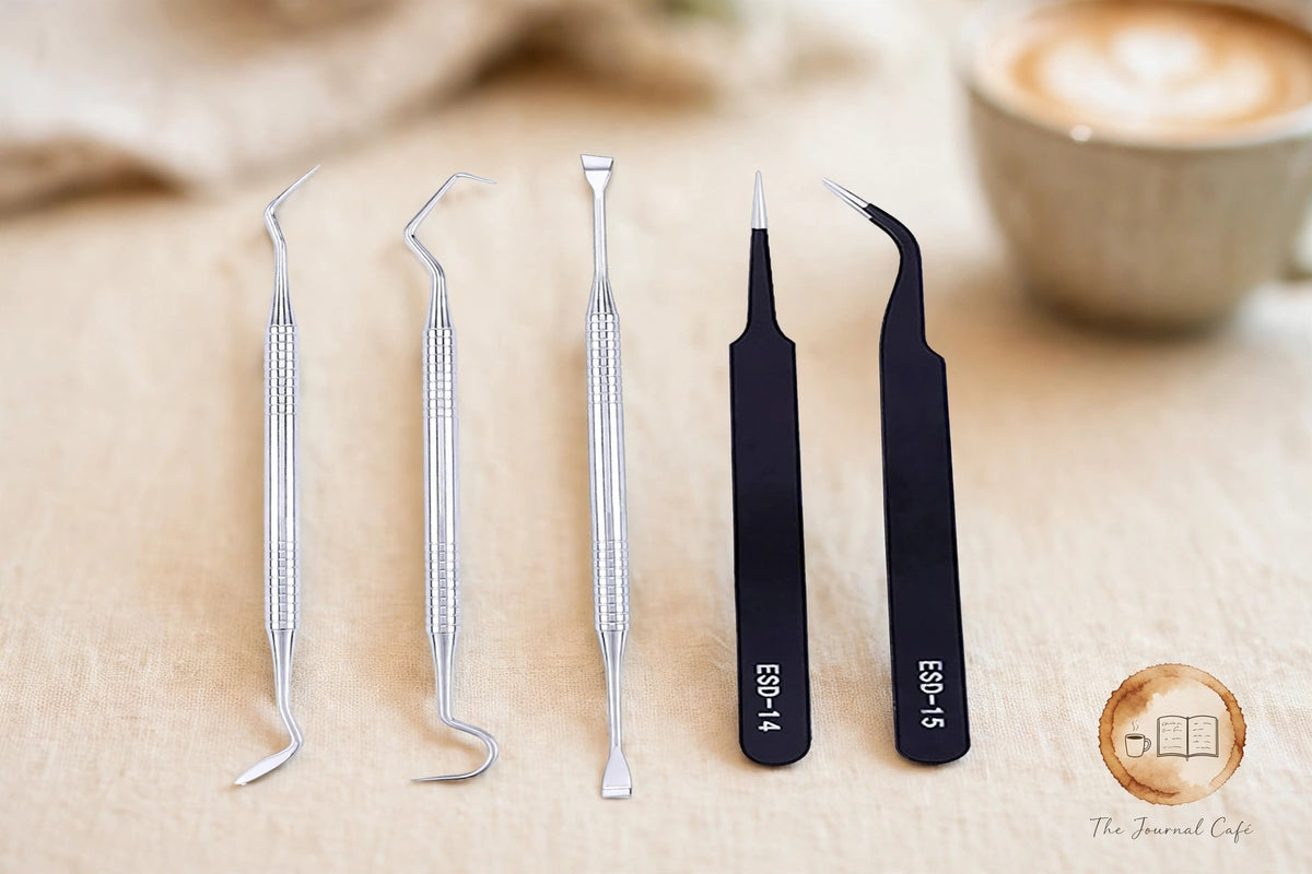 5-piece vinyl sticker tool set — product photo 6 styled on a cream café table, The Journal Café