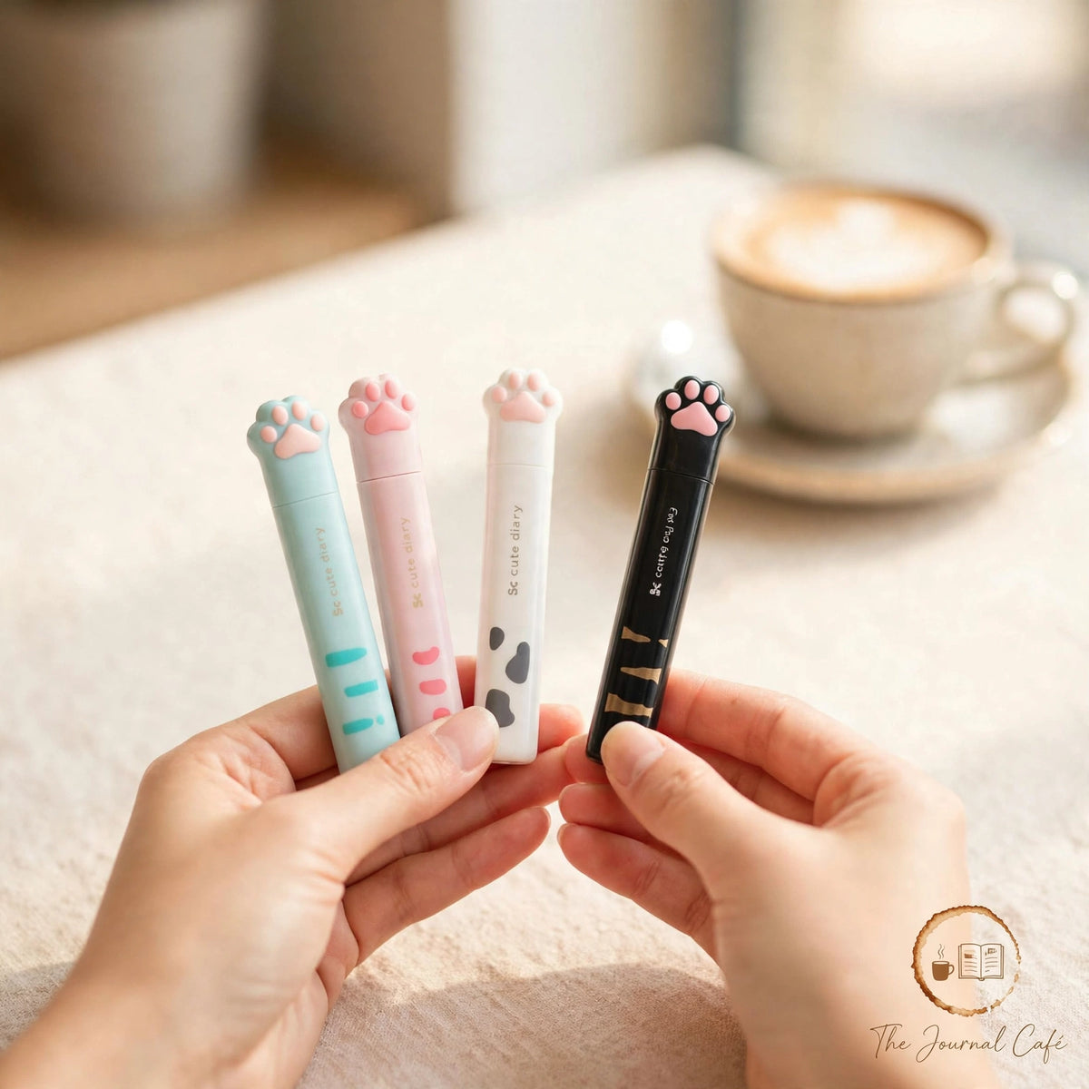 Cat paw mini folding scissors — product photo 2 styled on a cream café table, The Journal Café