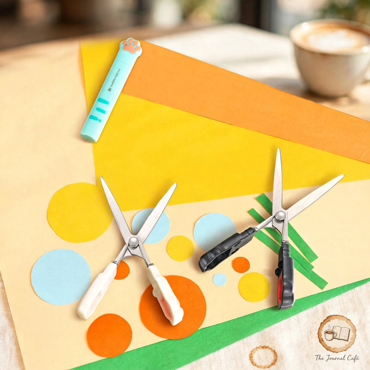 Cat paw mini folding scissors — product photo 8 styled on a cream café table, The Journal Café