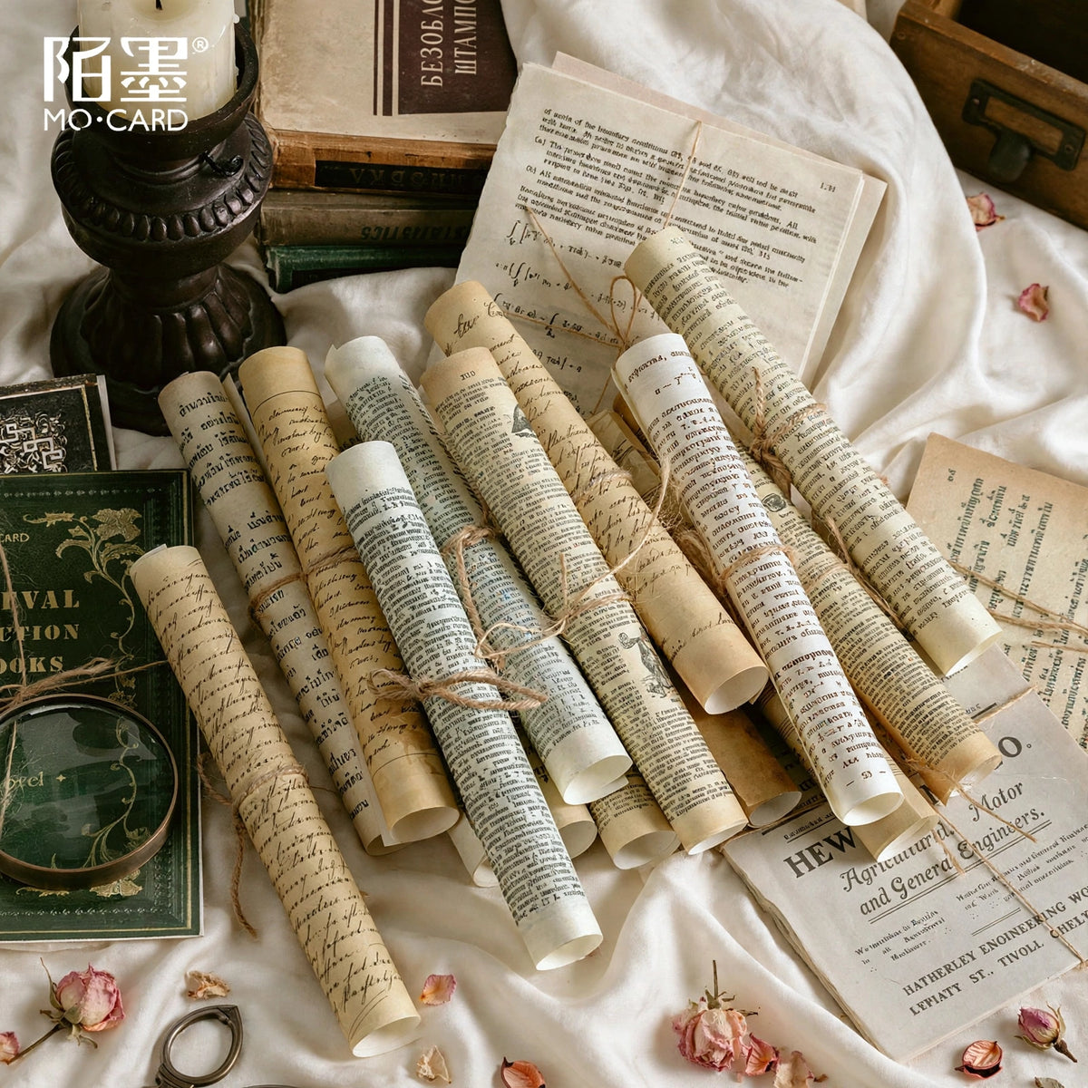 Rolled distressed vintage book papers tied with hemp rope