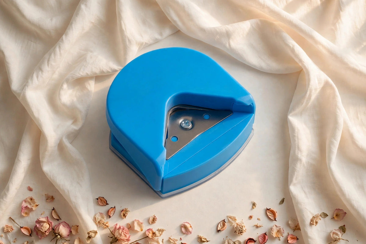 Blue corner cutter punch tool on ivory silk background