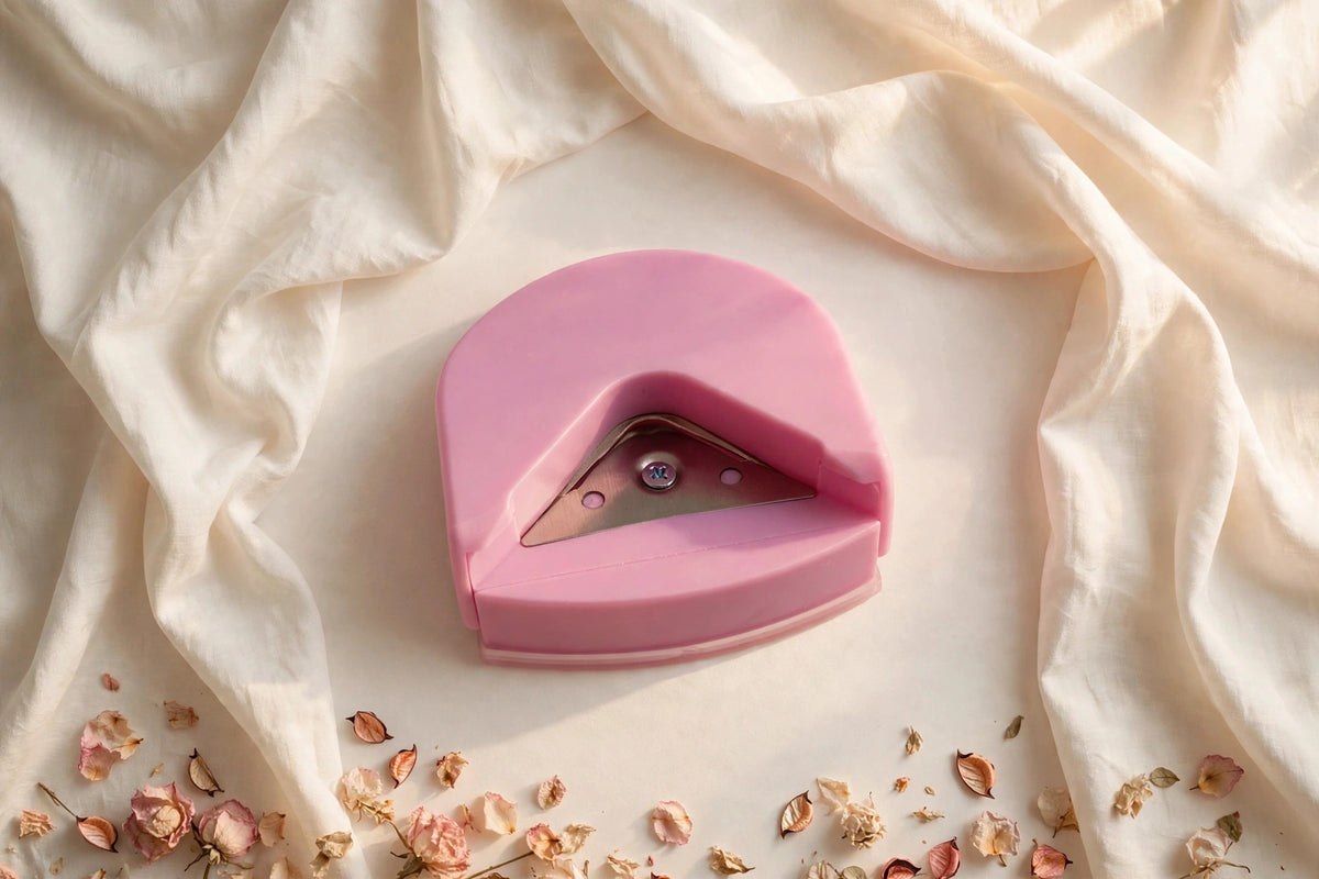 Pink corner cutter punch tool detail on ivory silk background