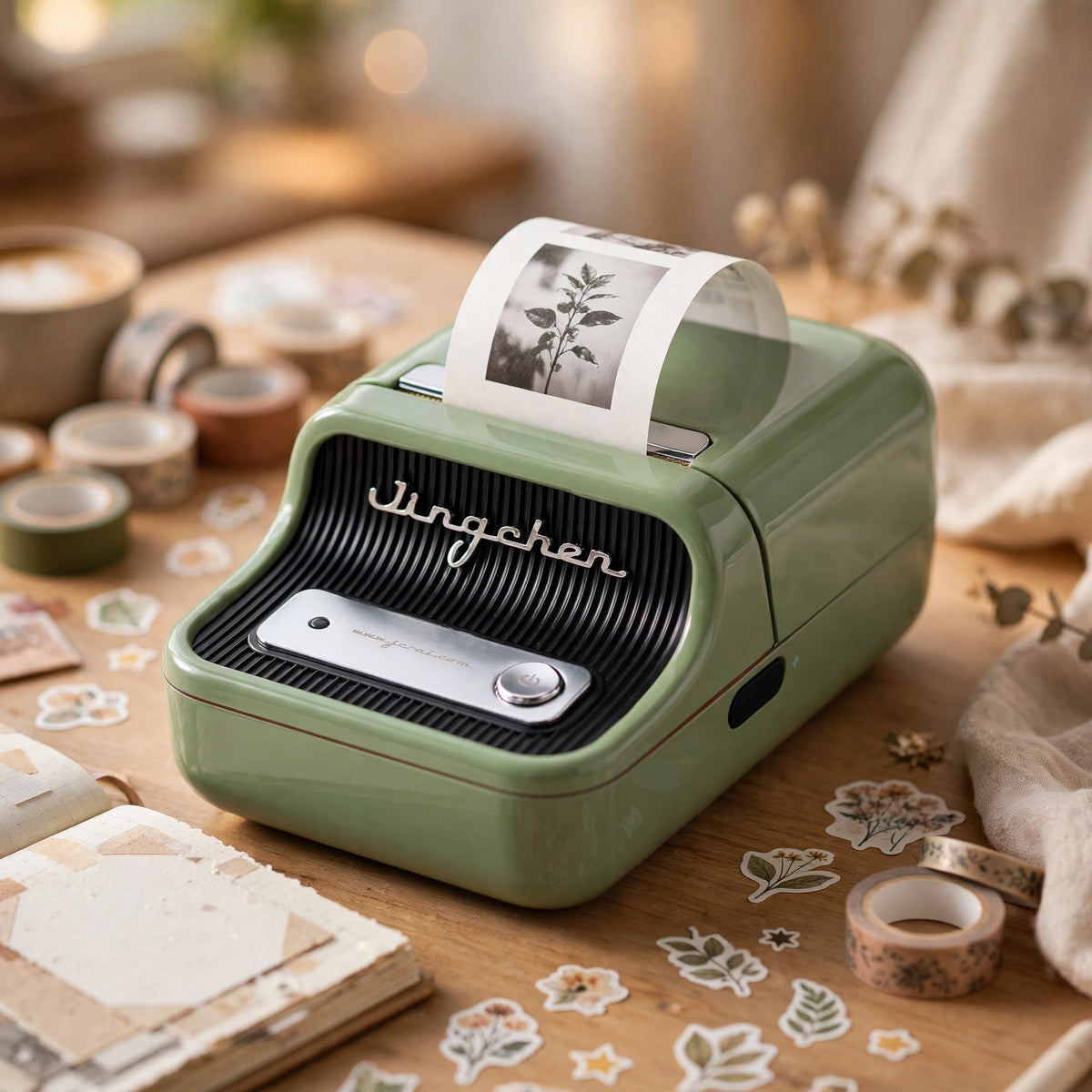 NIIMBOT B21 retro label printer printing a photo sticker on a journaling desk