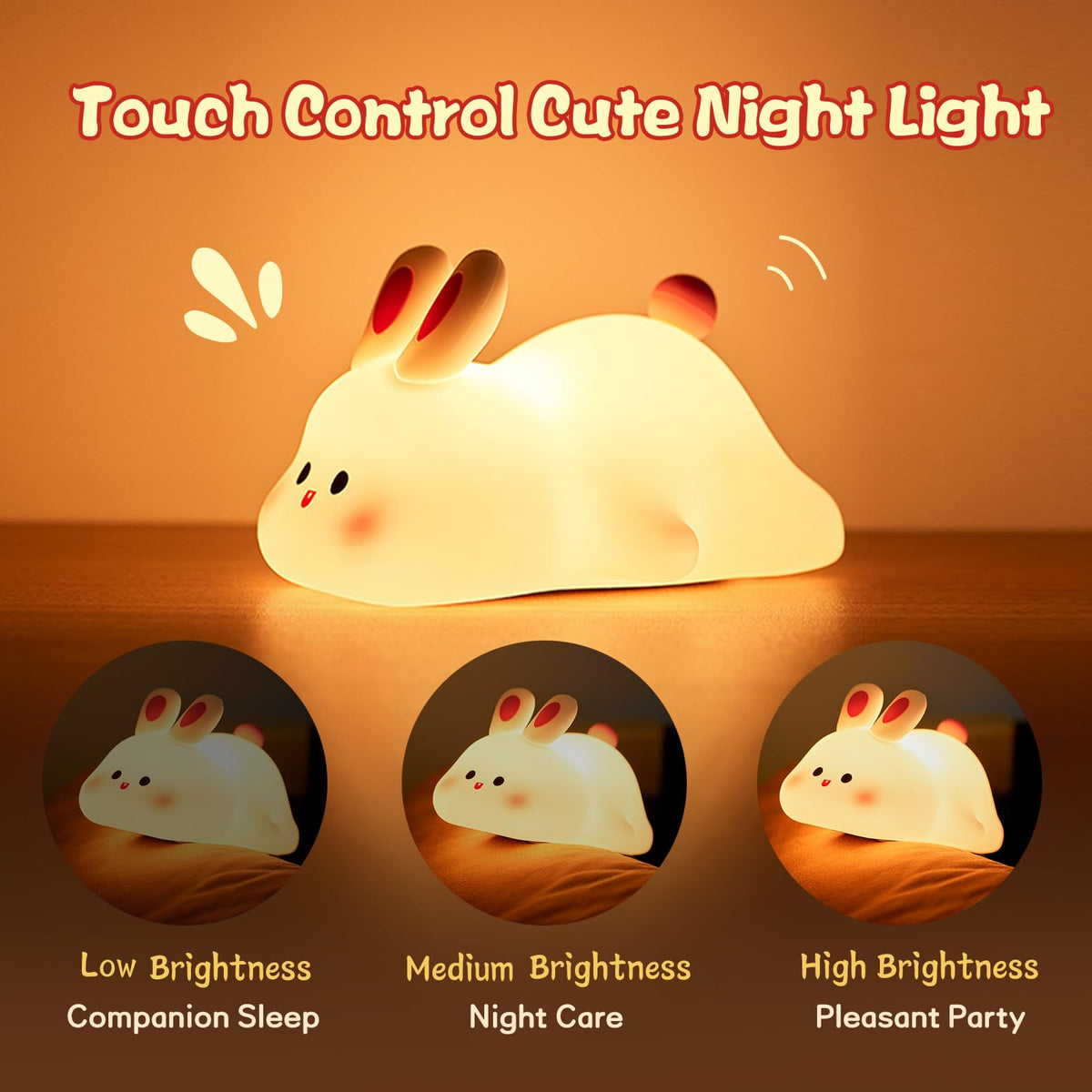 Squishy Bunny Night Light at three brightness levels
