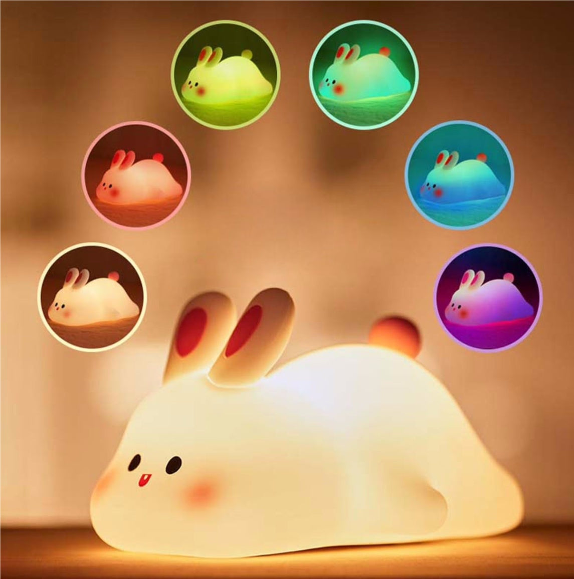 Squishy Bunny Night Light showing rainbow glow colors