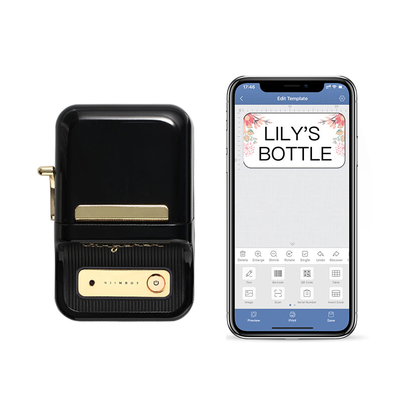 NIIMBOT B21 label printer with the NIIMBOT app open on a phone
