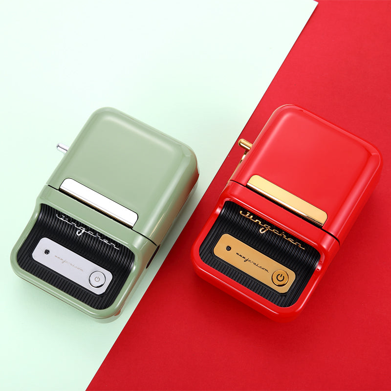 NIIMBOT B21 label printer in green and red on a mint and red background