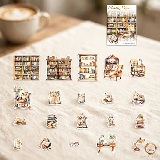 Beautiful Day PET stickers — watercolor reading corner and bookshelf stickers styled on a cream café table, The Journal Café