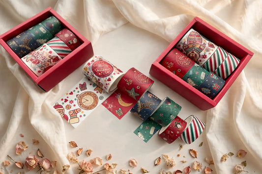 Classic Christmas Washi Tape — six festive rolls with Santa and candy cane designs styled on a cream café table, The Journal Café
