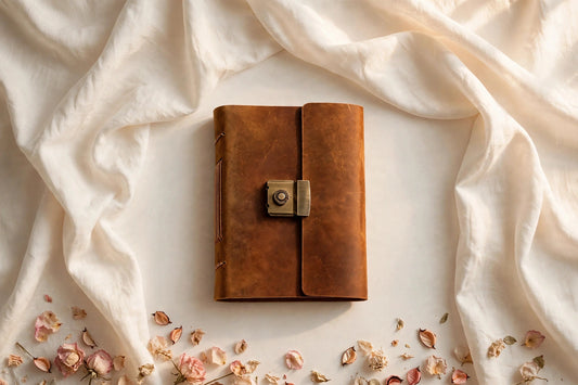 Vintage Notebook — vintage-style journal styled on a cream café table, The Journal Café