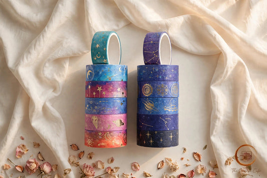 Starry Night Foil Washi Tape — gold foil night-sky washi rolls styled on a cream café table, The Journal Café
