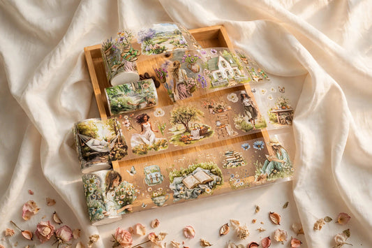 Watercolor Camping Travel Tape — PET tape roll with watercolor nature and camping scenes styled on a cream café table, The Journal Café