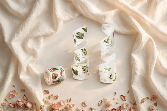 Golden Shadow die-cut washi tape rolls with gold-foil botanical designs on a cream café table — The Journal Café