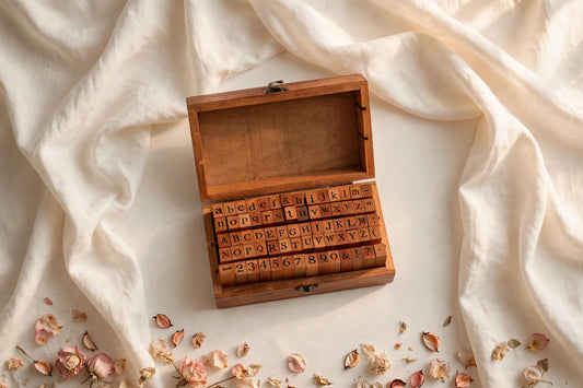 ABC and 123 wooden alphabet stamp set in keepsake box, The Journal Cafe