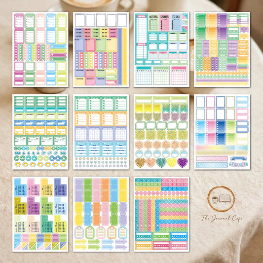 Calendar Planner Stickers — colorful monthly and weekly planning sticker sheets styled on a cream café table, The Journal Café