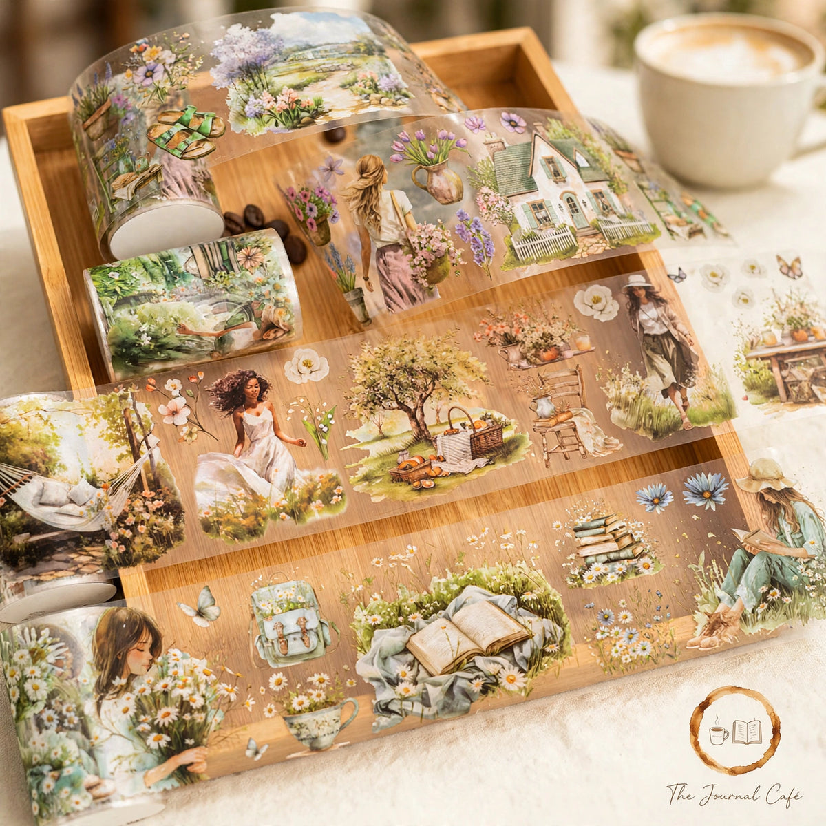 Watercolor Camping Travel Tape — PET tape roll with watercolor nature and camping scenes styled on a cream café table, The Journal Café