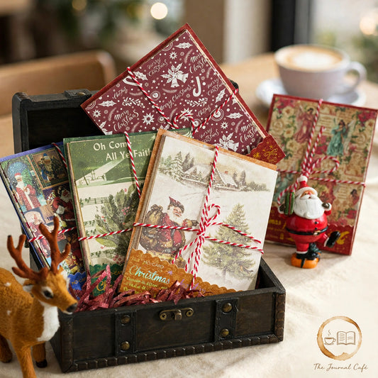 Christmas DIY Journal Sheets — vintage Christmas decorative paper sheets styled on a cream café table, The Journal Café