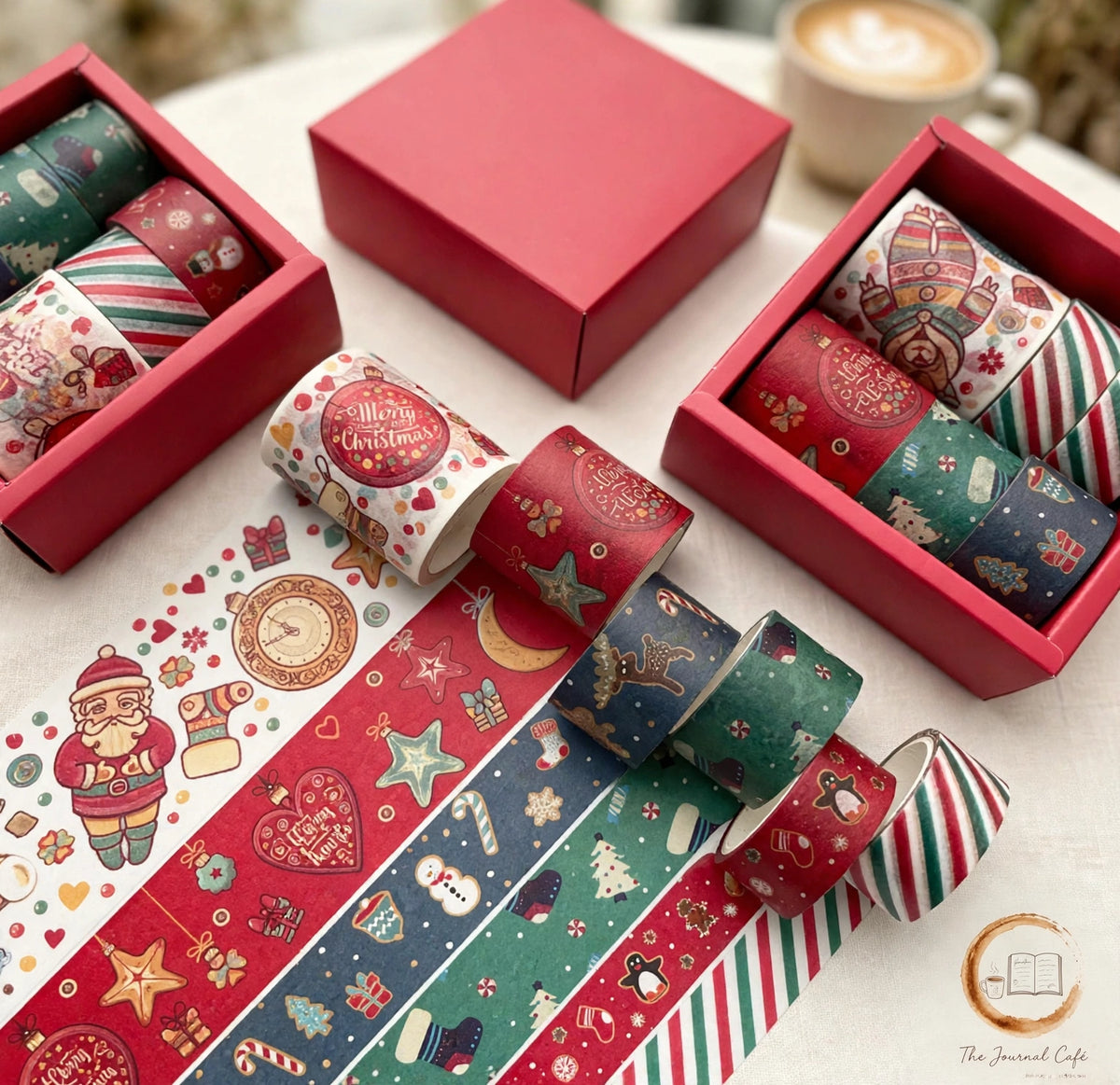 Classic Christmas Washi Tape — six festive rolls with Santa and candy cane designs styled on a cream café table, The Journal Café