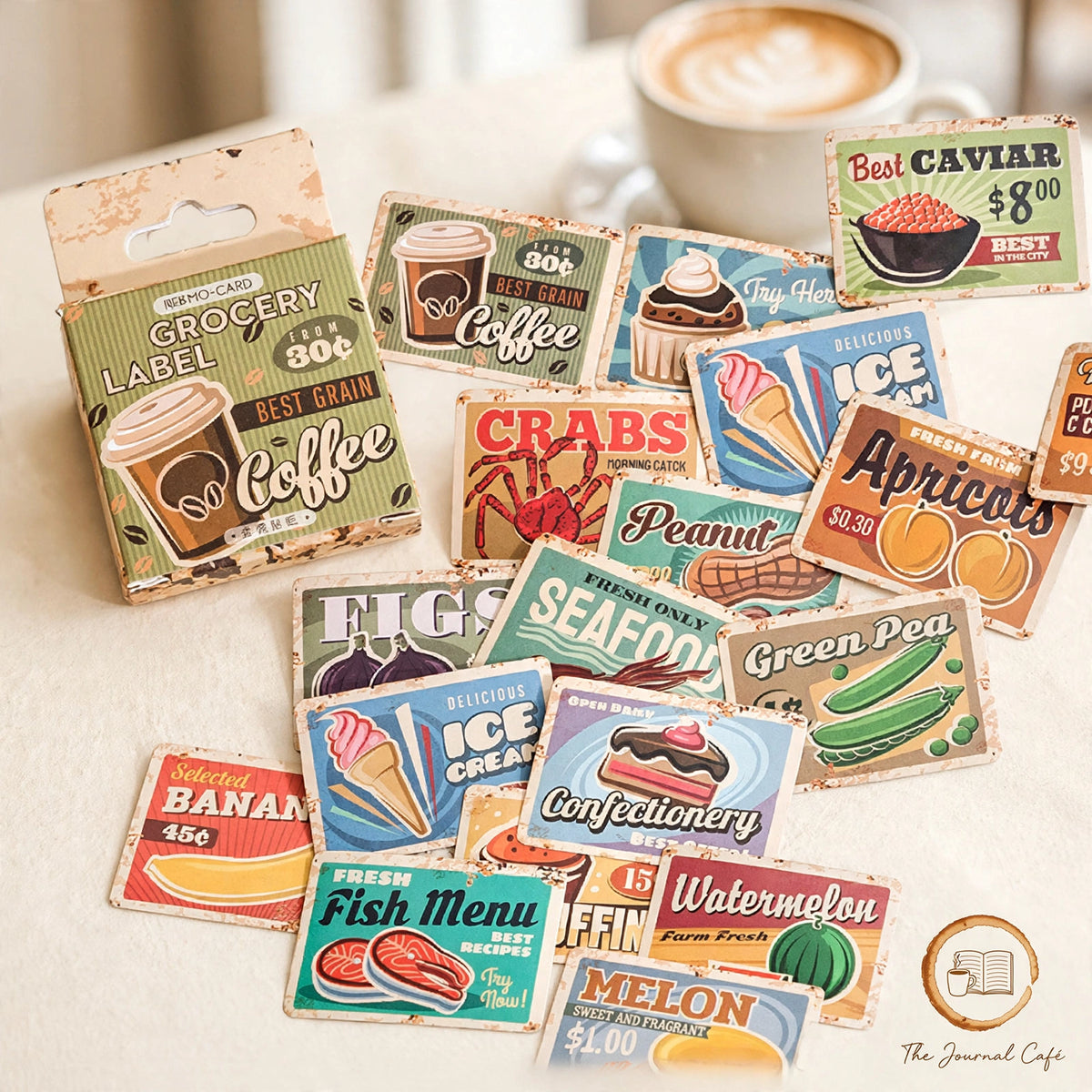 Coffee Shop Sticker Box — retro coffee and grocery label stickers styled on a cream café table, The Journal Café