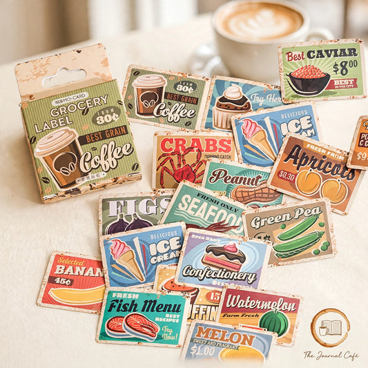 Coffee Shop Sticker Box — retro coffee and grocery label stickers styled on a cream café table, The Journal Café