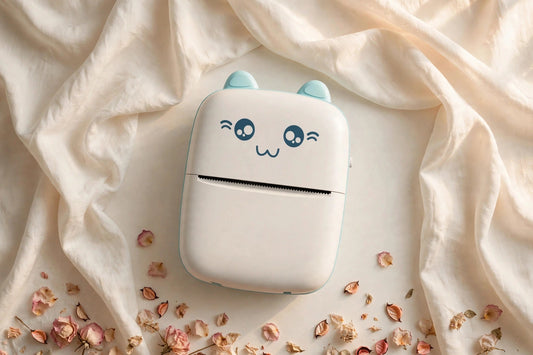 Kitty mini thermal printer with cat ears on ivory silk background