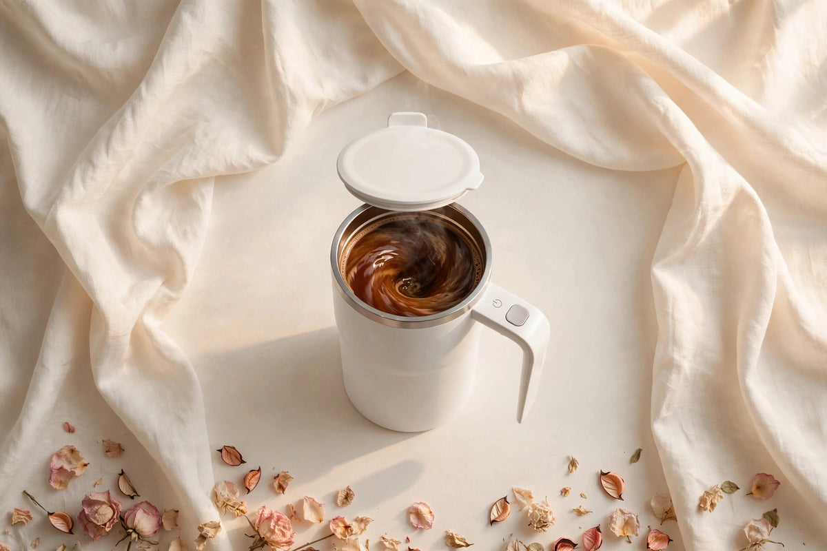Vortex self-stirring cup on ivory silk background