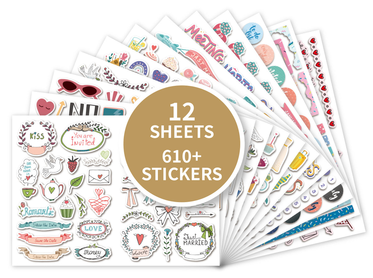 Love and wedding scrapbook sticker sheets — 12 large A4 sheets with romantic modern designs