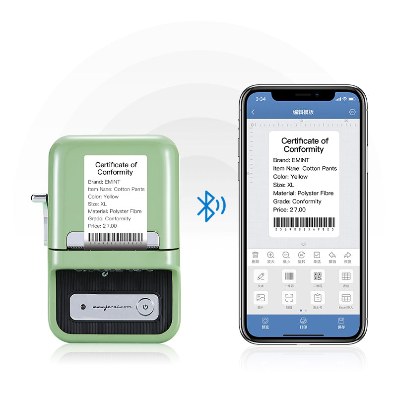 NIIMBOT B21 printing a clothing label, connected to a phone by Bluetooth