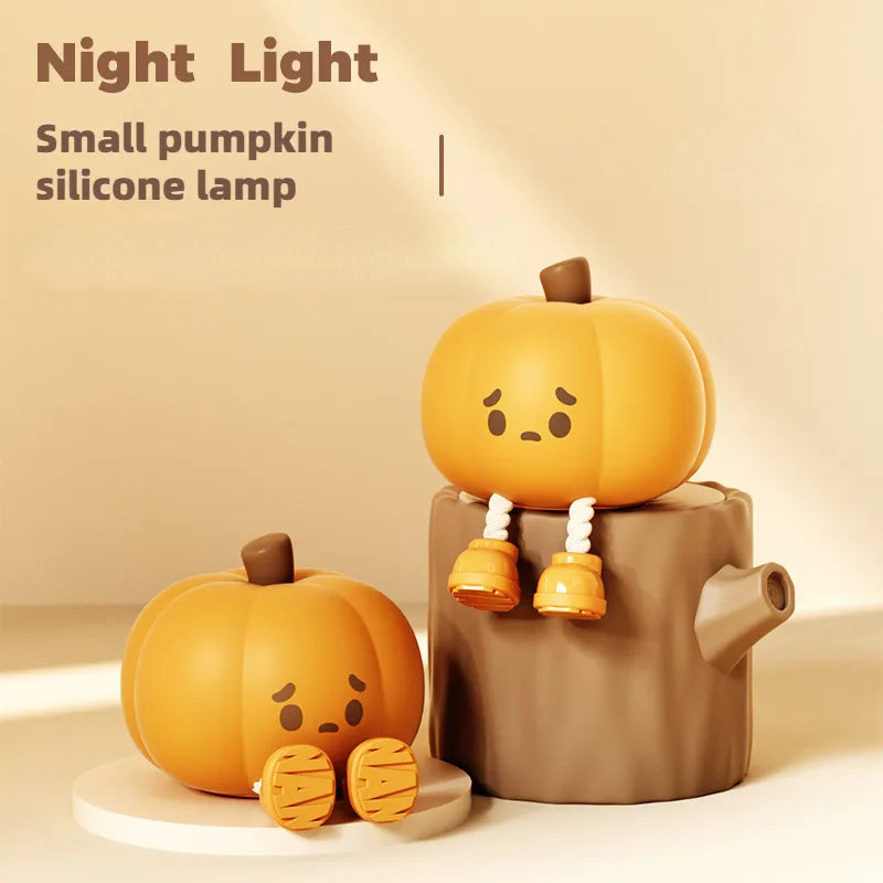 Pumpkin night light warm glow in a dark bedroom