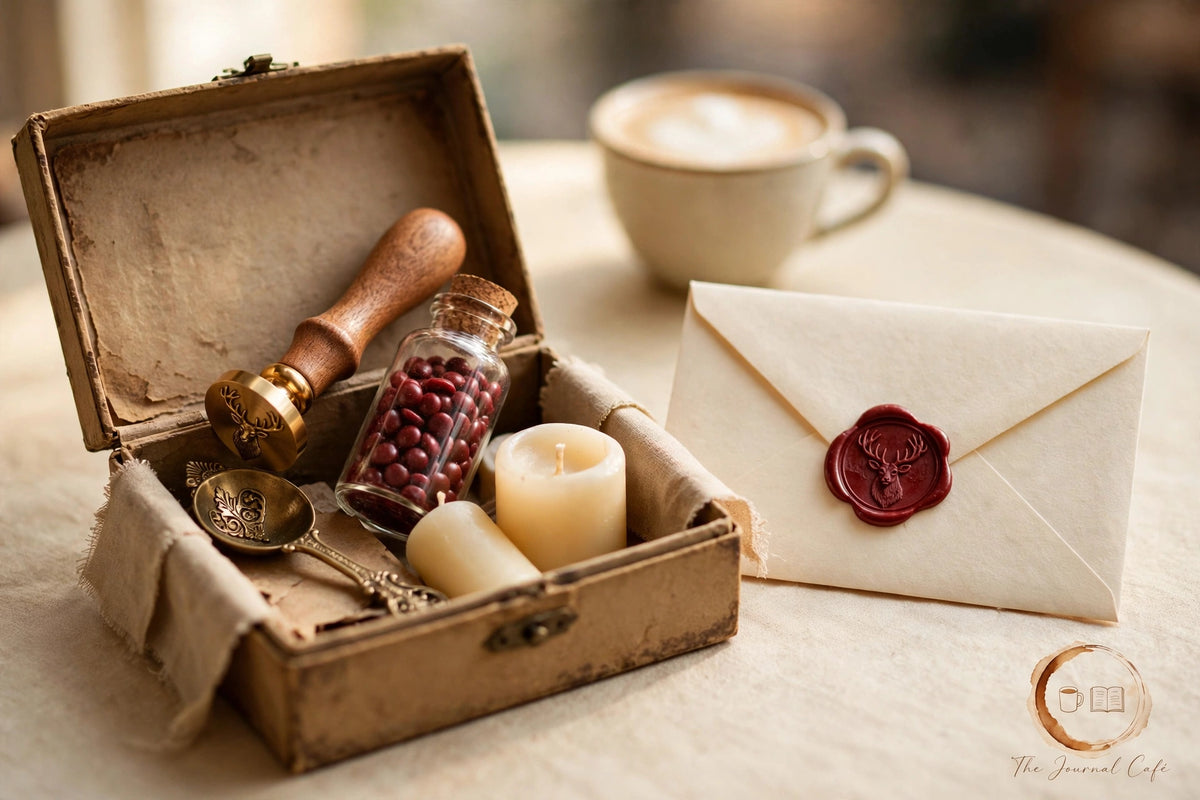 Woodland Dreams Wax Seal Kit gift box with wooden seal, wax beads and sealed envelope, The Journal Café