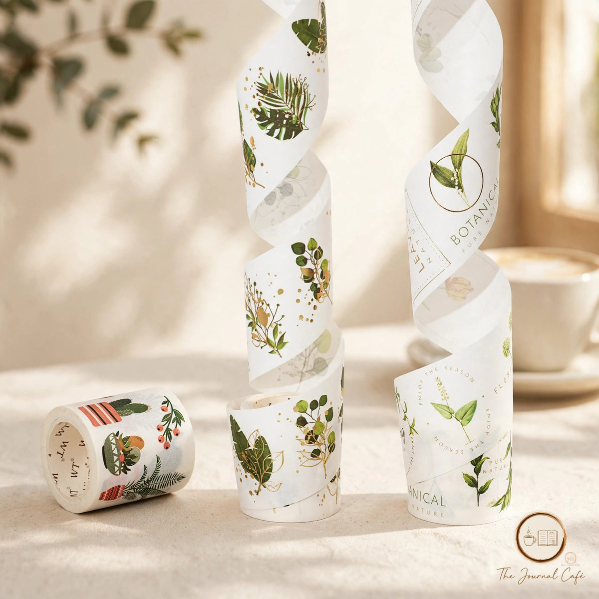 Golden Shadow die-cut washi tape rolls with gold-foil botanical designs on a cream café table — The Journal Café