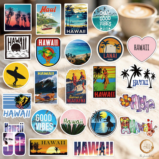 Hawaii travel stickers — vintage tropical beach and surf designs styled on a cream café table, The Journal Café