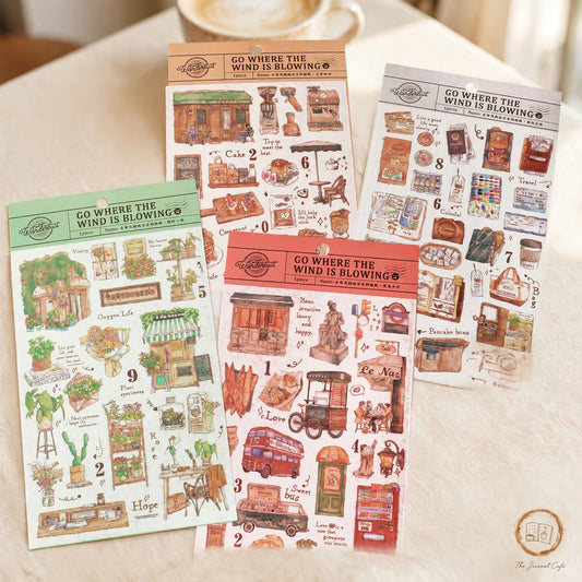 InfeelMe Place Washi Stickers — Korean-style travel scene sticker sheets styled on a cream café table, The Journal Café